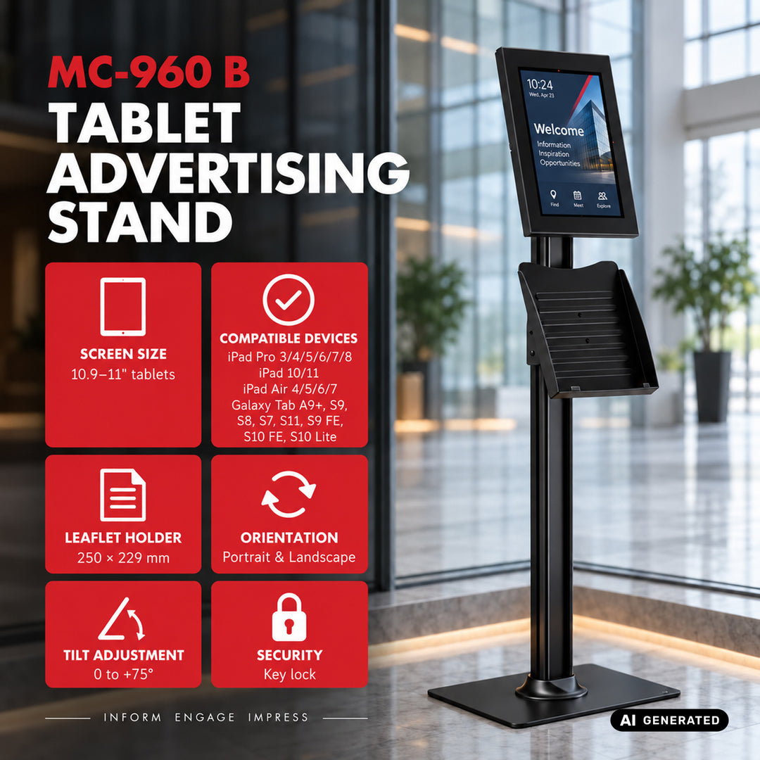 Soporte publicitario para tablet Maclean, con cierre de seguridad, 10,9"-11", iPad Air/Pro, Samsung Tab A y S Series, 220 x 323 x 22 mm, MC-960 B