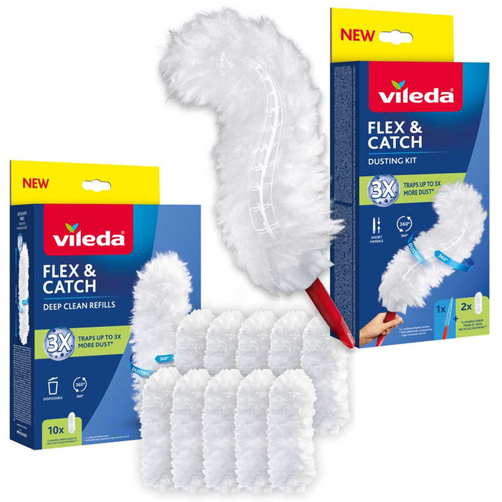 Escoba para el polvo Vileda Flex&Catch, con mango corto, protección antideslizante, cabezal flexible + 10 recambios
