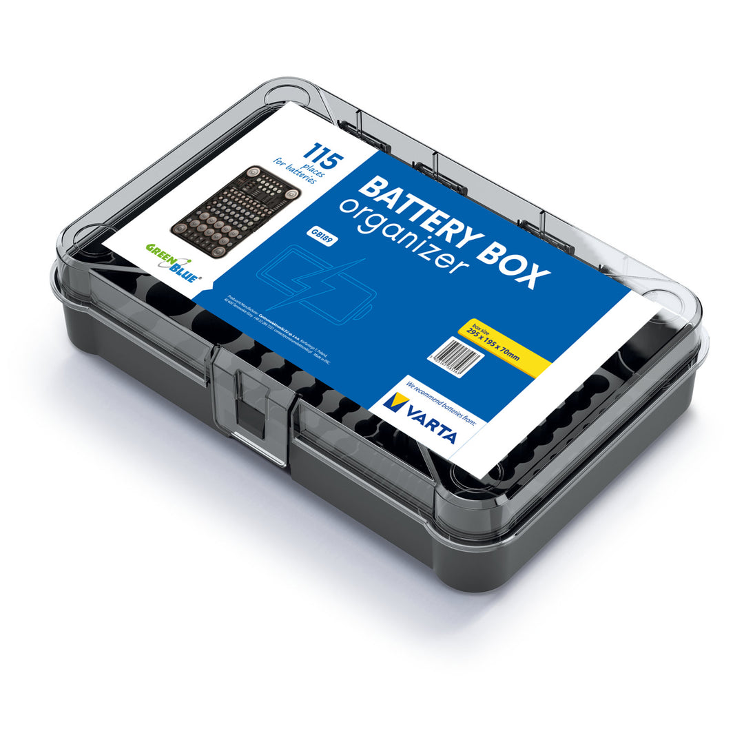 Organizador de pilas GreenBlue Varta Box GB189 + 22 pilas AA Varta Industrial + 25 pilas AAA Varta Industrial + 4 pilas CR2032 de litio Varta