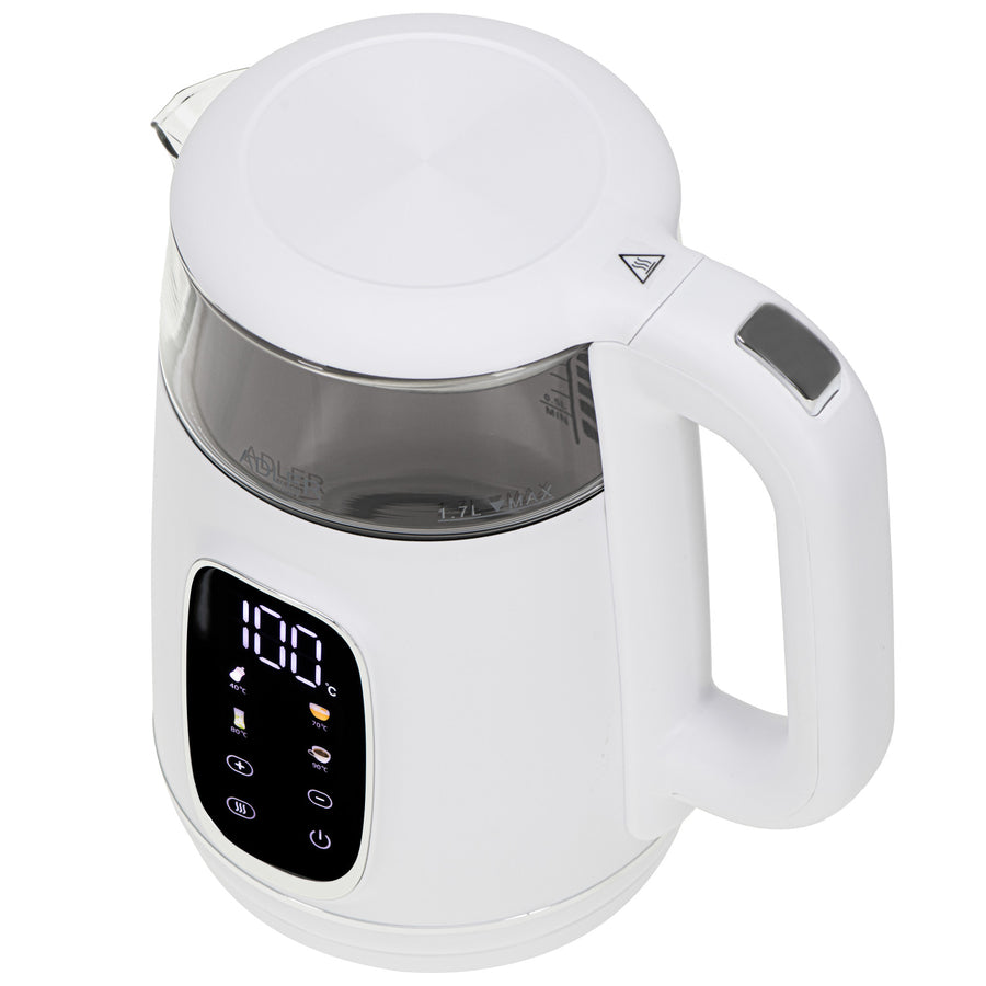 Hervidor eléctrico de vidrio con control de temperatura 1,7 l, LED, 40-100 °C, Adler AD 1305 WS blanco