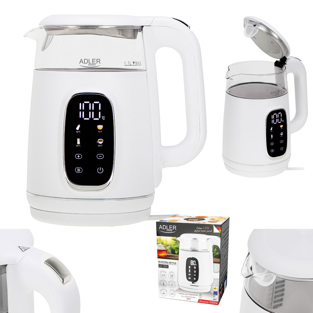 Hervidor eléctrico de vidrio con control de temperatura 1,7 l, LED, 40-100 °C, Adler AD 1305 WS blanco