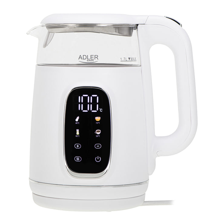 Hervidor eléctrico de vidrio con control de temperatura 1,7 l, LED, 40-100 °C, Adler AD 1305 WS blanco