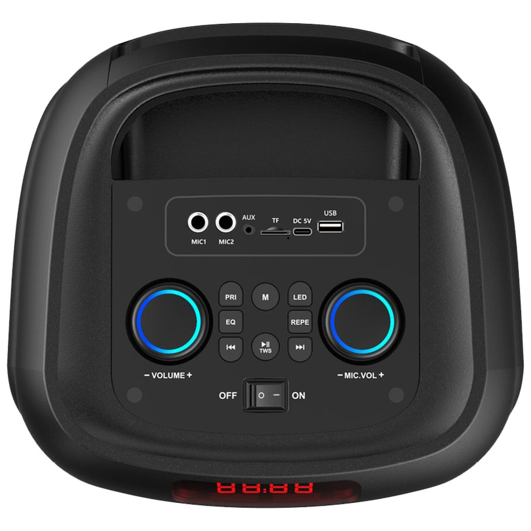 Altavoz Bluetooth grande, 120 W RMS/1400 W PMPO, dos altavoces de 8", ecualizador, función de karaoke, MP3/tarjetas microSD, USB, AUX, BT 5.3+EDR, pantalla, LED, batería integrada, mando a distancia, MT3185