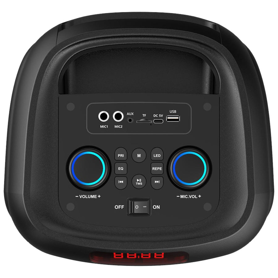 Altavoz Bluetooth grande, 120 W RMS/1400 W PMPO, dos altavoces de 8", ecualizador, función de karaoke, MP3/tarjetas microSD, USB, AUX, BT 5.3+EDR, pantalla, LED, batería integrada, mando a distancia, MT3185
