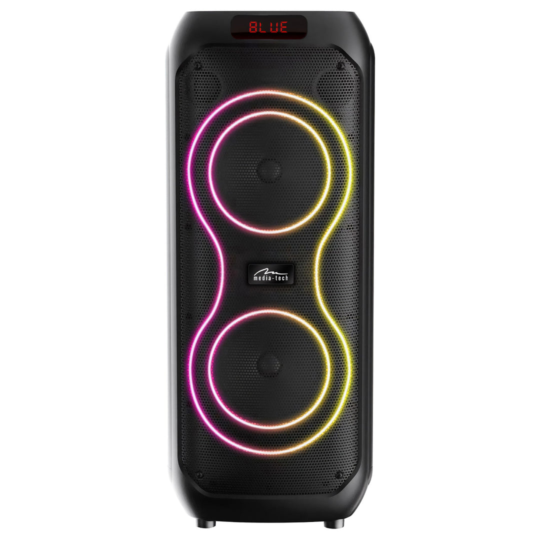 Altavoz Bluetooth grande, 120 W RMS/1400 W PMPO, dos altavoces de 8", ecualizador, función de karaoke, MP3/tarjetas microSD, USB, AUX, BT 5.3+EDR, pantalla, LED, batería integrada, mando a distancia, MT3185