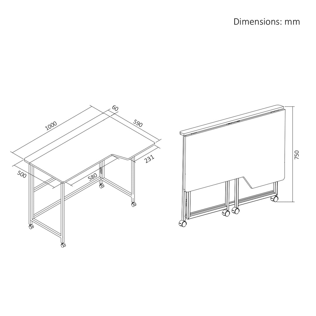 Mesa de trabajo plegable Maclean, blanca, con ruedas, 100 x 65 cm, máx. 50 kg, en ángulo, forma de L, MC-1250 L/W