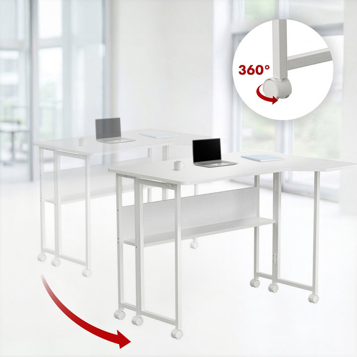 Mesa de trabajo plegable Maclean, blanca, con ruedas, 100 x 65 cm, máx. 50 kg, en ángulo, forma de L, MC-1250 L/W