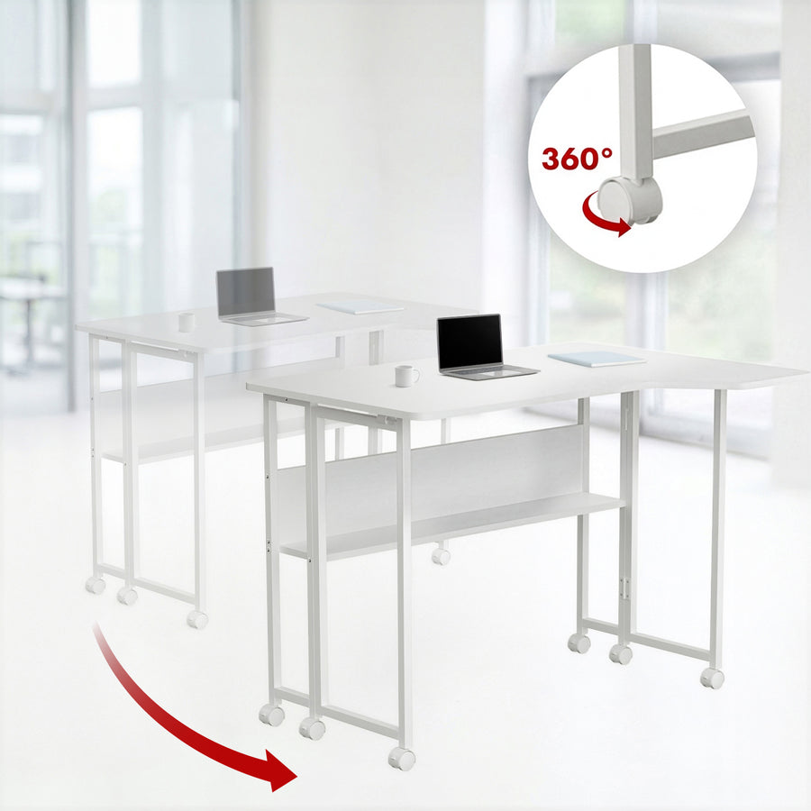 Mesa de trabajo plegable Maclean, blanca, con ruedas, 100 x 65 cm, máx. 50 kg, en ángulo, forma de L, MC-1250 L/W