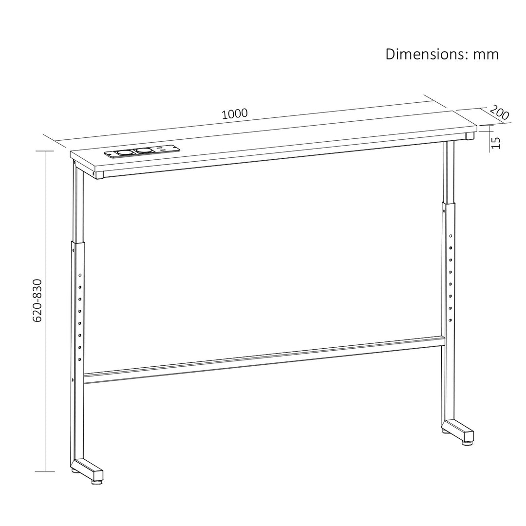 Consola/mesita con toma de corriente Maclean, blanca con tablero claro, altura regulable de 62 a 83 cm, hasta 25 kg, cable de 2,5 m, MC-140 W