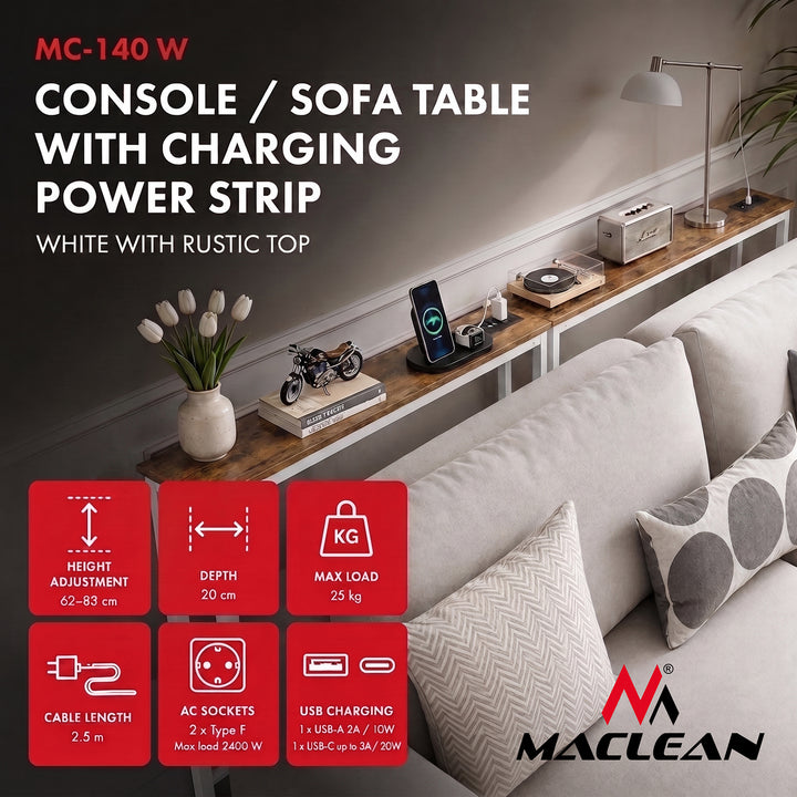 Consola/mesita con toma de corriente Maclean, blanca con tablero claro, altura regulable de 62 a 83 cm, hasta 25 kg, cable de 2,5 m, MC-140 W