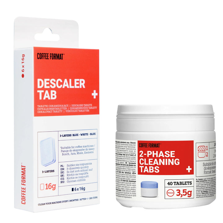 Set de pastillas para limpiar la cafetera, 2-phase Cleaning TABS+ 40 x 3,5 g + pastillas para descalcificar cafeteras, Descaler Tab+ 6 x 16 g