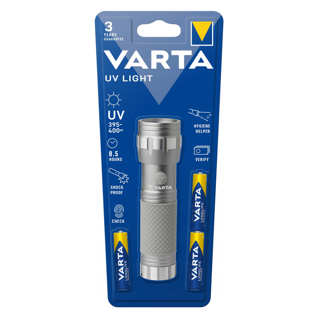 Linterna manual LED UV 15638 de aluminio, longitud de onda UV de 395-400 nm, tecnología Multi LED + pilas Varta incluidas