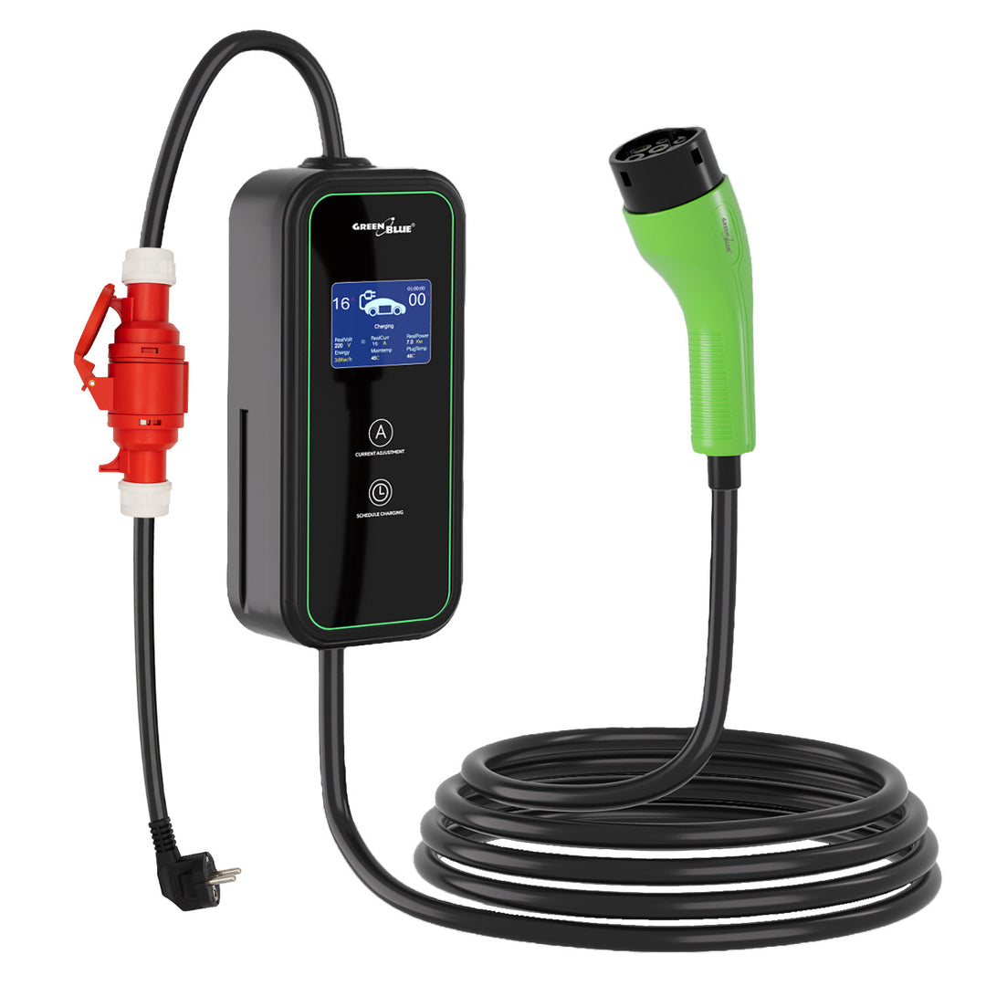 Cargador para vehículos eléctricos (EV) y híbridos enchufados (PHEV) GreenBlue, portátil, tipo 2, longitud del cable: 6,8 m, IP65, 11 kW, 220-380 V CA, 50/60 Hz, 16 A, trifásico, GB1100