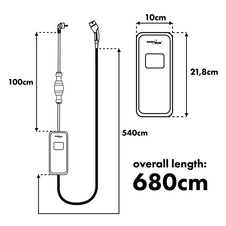 Cargador para vehículos eléctricos (EV) y híbridos enchufados (PHEV) GreenBlue, portátil, tipo 2, longitud del cable: 6,8 m, IP65, 11 kW, 220-380 V CA, 50/60 Hz, 16 A, trifásico, GB1100