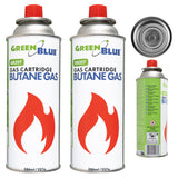 2 cartuchos de gas GreenBlue de 227 g. Certificado: Pi 0875, conforme a la norma EN 417, butano, rango de temperatura de funcionamiento: de -10 °C a +40 °C, GB227