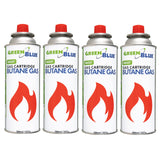 4 cartuchos de gas GreenBlue de 227 g. Certificado: Pi 0875, conforme a la norma EN 417, butano, rango de temperatura de funcionamiento de -10 °C a +40 °C, GB227