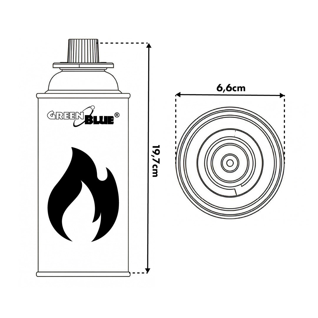 8 cartuchos de gas GreenBlue de 227 g. Certificado: Pi 0875, conforme a la norma EN 417, butano, rango de temperatura de funcionamiento: de -10 °C a +40 °C, GB227