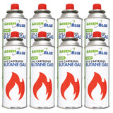 8 cartuchos de gas GreenBlue de 227 g. Certificado: Pi 0875, conforme a la norma EN 417, butano, rango de temperatura de funcionamiento: de -10 °C a +40 °C, GB227