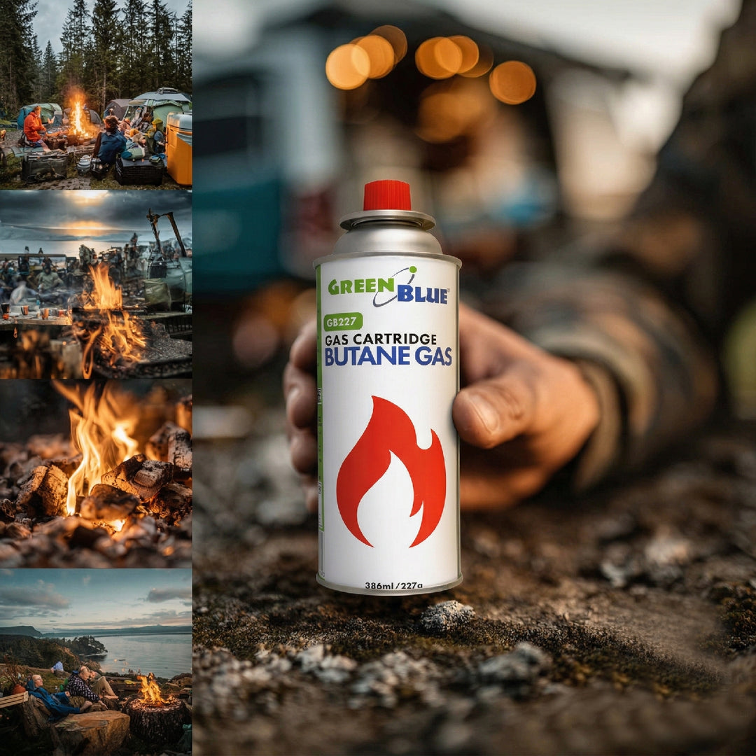 10 cartuchos de gas de 227 g GreenBlue. Certificado: Pi 0875, conforme a la norma EN 417, butano, rango de temperatura de funcionamiento: de -10 °C a +40 °C, GB227