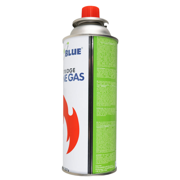 12 cartuchos de gas de 227 g GreenBlue. Certificado: Pi 0875, conforme a la norma EN 417, butano, rango de temperatura de funcionamiento: de -10 °C a +40 °C, GB227