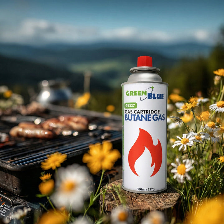 14 cartuchos de gas de 227 g GreenBlue. Certificado: Pi 0875, conforme a la norma EN 417, butano, rango de temperatura de funcionamiento: de -10 °C a +40 °C, GB227