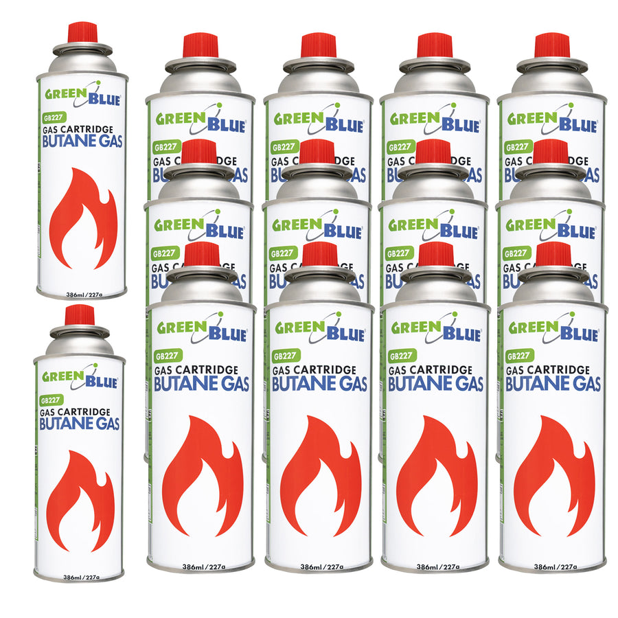 14 cartuchos de gas de 227 g GreenBlue. Certificado: Pi 0875, conforme a la norma EN 417, butano, rango de temperatura de funcionamiento de -10 °C a +40 °C, GB227