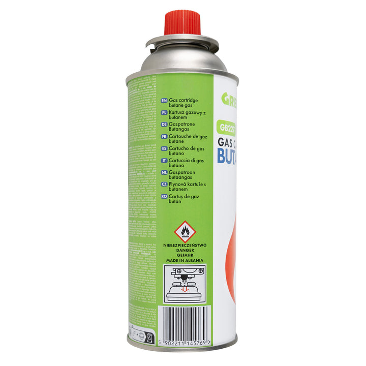 18 cartuchos de gas de 227 g GreenBlue. Certificado: Pi 0875, conforme a la norma EN 417, butano, rango de temperatura de funcionamiento: de -10 °C a +40 °C, GB227