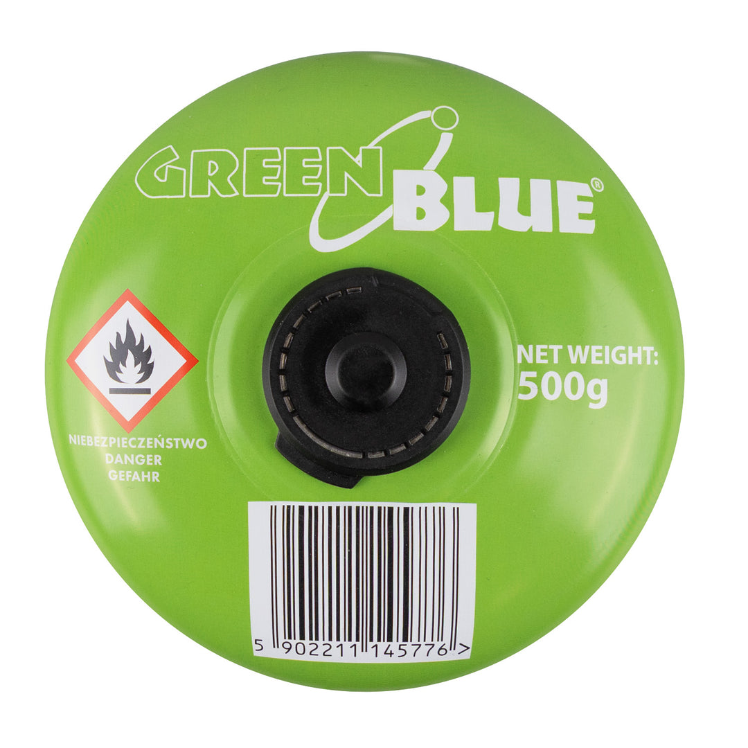 2 cartuchos de gas de 500 g GreenBlue. Certificado: Pi 0437, conforme a la norma EN 417, butano-propano, rango de temperatura de -10 °C a +40 °C, válvula roscada de 7/16'' GB499