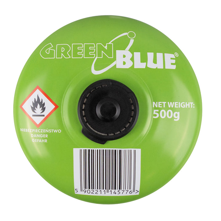 2 cartuchos de gas de 500 g GreenBlue. Certificado: Pi 0437, conforme a la norma EN 417, butano-propano, rango de temperatura de -10 °C a +40 °C, válvula roscada de 7/16'' GB499