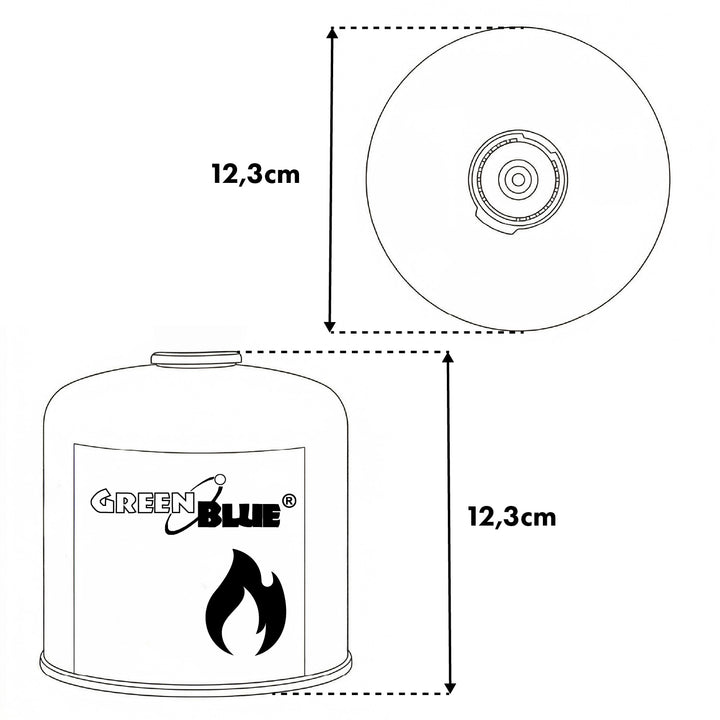 4 cartuchos de gas de 500 g GreenBlue. Certificado: Pi 0437, conforme a la norma EN 417, butano-propano, rango de temperatura de -10 °C a +40 °C, válvula roscada de 7/16'' GB499