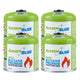 4 cartuchos de gas de 500 g GreenBlue. Certificado: Pi 0437, conforme a la norma EN 417, butano-propano, rango de temperatura de -10 °C a +40 °C, válvula roscada de 7/16'' GB499