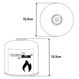 6 cartuchos de gas de 500 g GreenBlue. Certificado: Pi 0437, conforme a la norma EN 417, butano-propano, rango de temperatura de -10 °C a +40 °C, válvula roscada de 7/16'' GB499