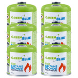 6 cartuchos de gas de 500 g GreenBlue. Certificado: Pi 0437, conforme a la norma EN 417, butano-propano, rango de temperatura de -10 °C a +40 °C, válvula roscada de 7/16'' GB499