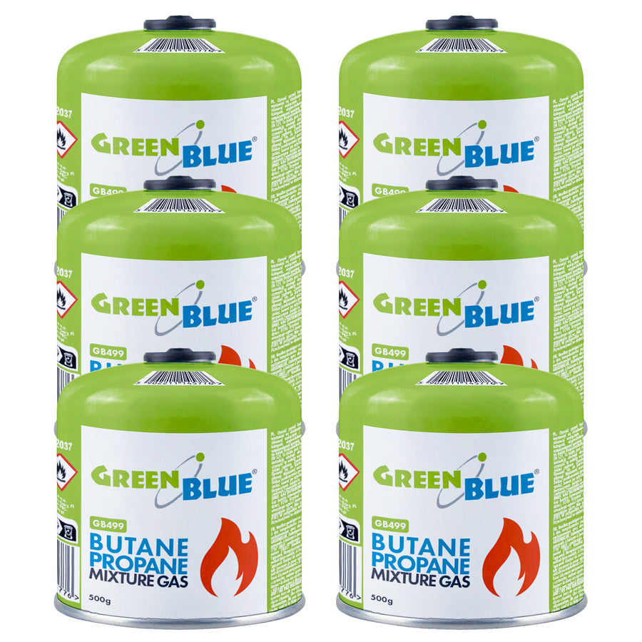 6 cartuchos de gas de 500 g GreenBlue. Certificado: Pi 0437, conforme a la norma EN 417, butano-propano, rango de temperatura de -10 °C a +40 °C, válvula roscada de 7/16'' GB499