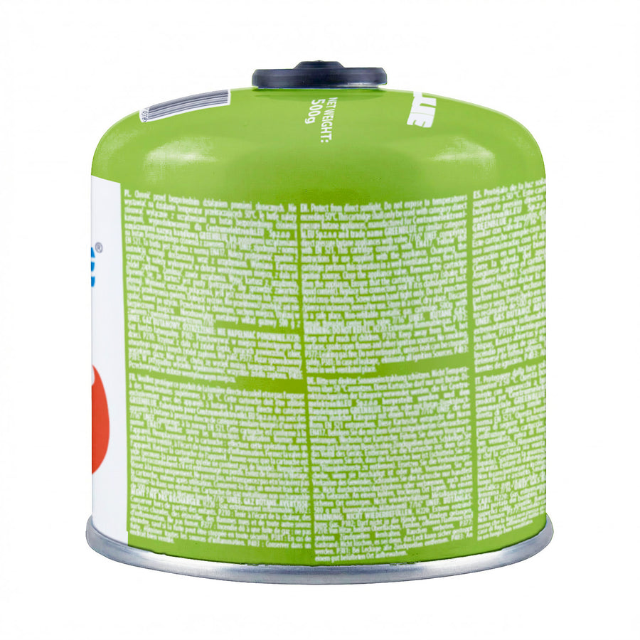 8 cartuchos de gas de 500 g GreenBlue. Certificado: Pi 0437, conforme a la norma EN 417, butano-propano, rango de temperatura de -10 °C a +40 °C, válvula roscada de 7/16'' GB499