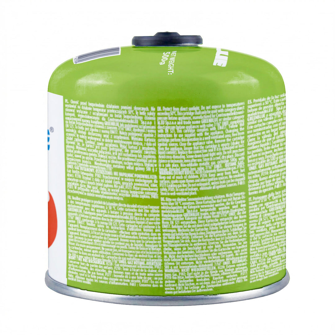 10 cartuchos de gas de 500 g GreenBlue. Certificado: Pi 0437, conforme a la norma EN 417, butano-propano, rango de temperatura de -10 °C a +40 °C, válvula roscada de 7/16'' GB499