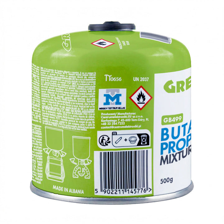 12 cartuchos de gas de 500 g GreenBlue. Certificado: Pi 0437, conforme a la norma EN 417, butano-propano, rango de temperatura de -10 °C a +40 °C, válvula roscada de 7/16'' GB499