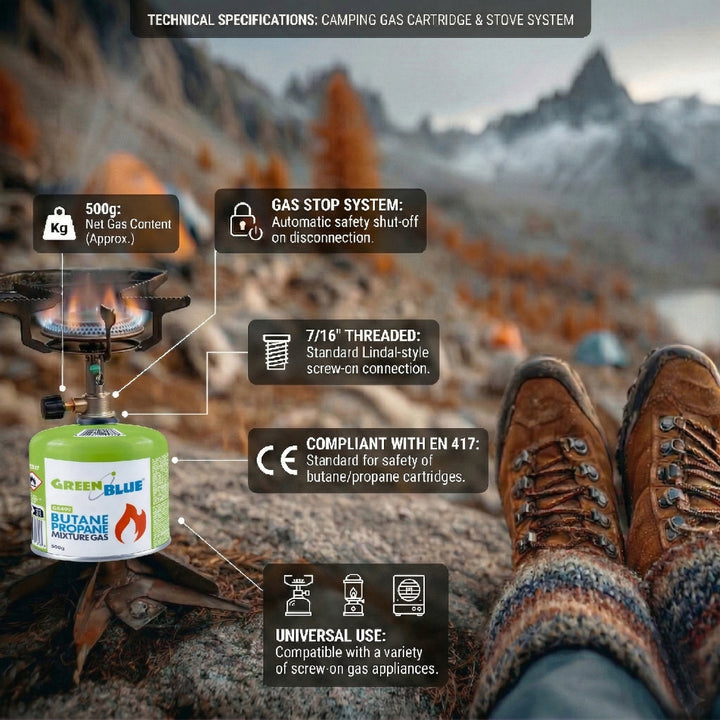 12 cartuchos de gas de 500 g GreenBlue. Certificado: Pi 0437, conforme a la norma EN 417, butano-propano, rango de temperatura de -10 °C a +40 °C, válvula roscada de 7/16'' GB499