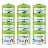 12 cartuchos de gas de 500 g GreenBlue. Certificado: Pi 0437, conforme a la norma EN 417, butano-propano, rango de temperatura de -10 °C a +40 °C, válvula roscada de 7/16'' GB499