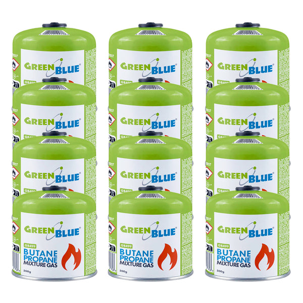 12 cartuchos de gas de 500 g GreenBlue. Certificado: Pi 0437, conforme a la norma EN 417, butano-propano, rango de temperatura de -10 °C a +40 °C, válvula roscada de 7/16'' GB499