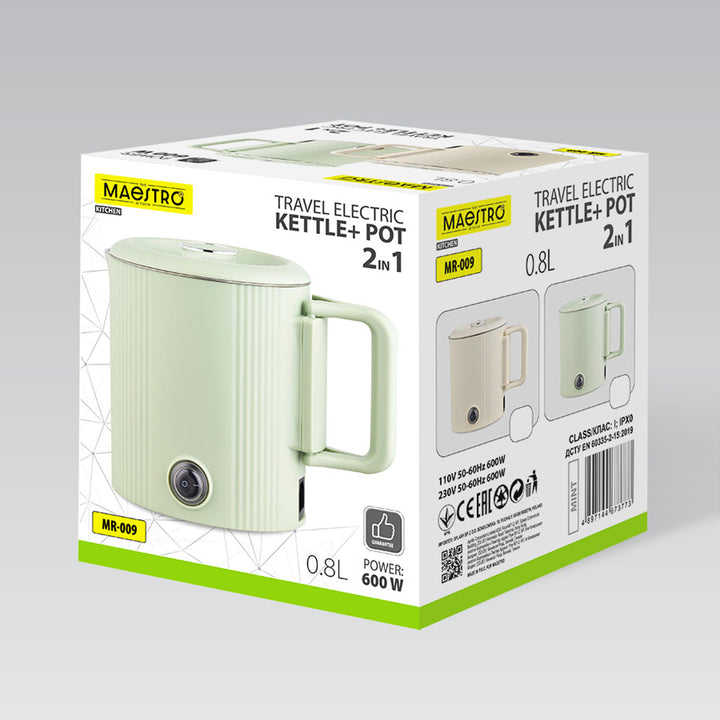 Hervidor eléctrico / olla de viaje Maestro, 2 en 1, capacidad de 0,8 l, potencia de 600 W, asa plegable, selector de voltaje 110 V/230 V, color menta, MR-009-MINT