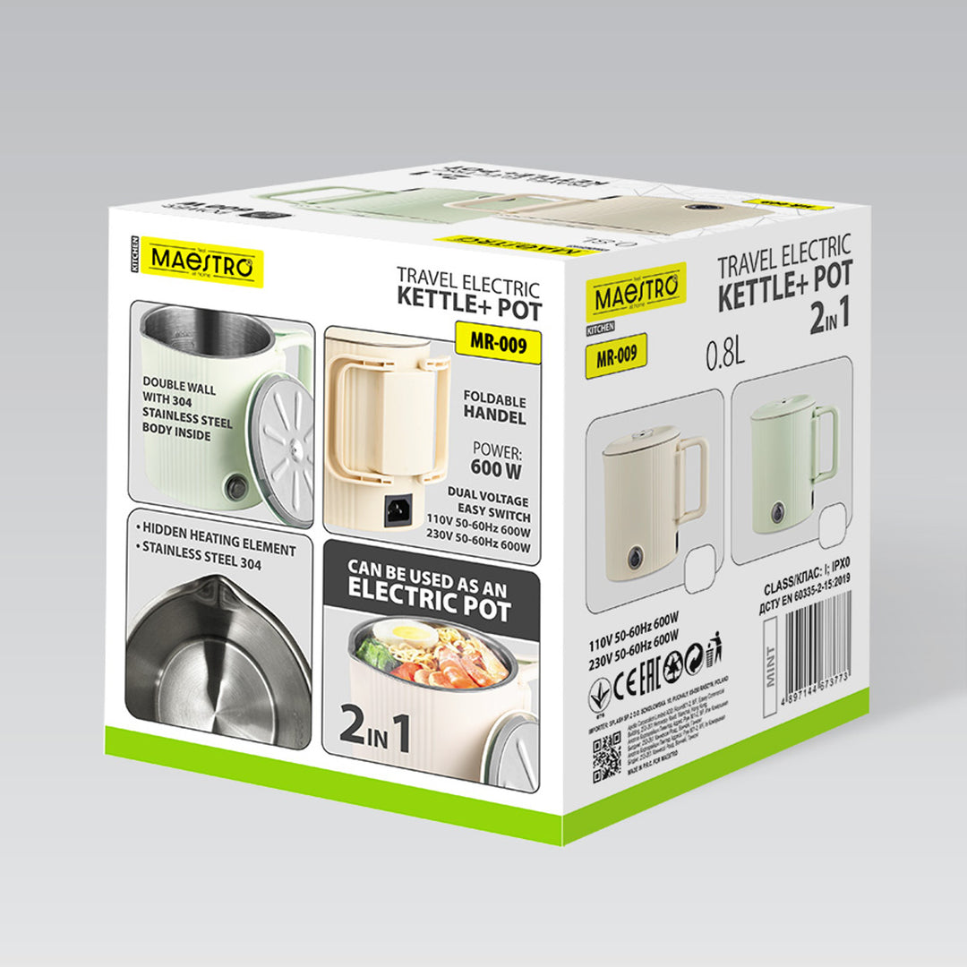 Hervidor eléctrico / olla de viaje Maestro, 2 en 1, capacidad de 0,8 l, potencia de 600 W, asa plegable, selector de voltaje 110 V/230 V, color menta, MR-009-MINT