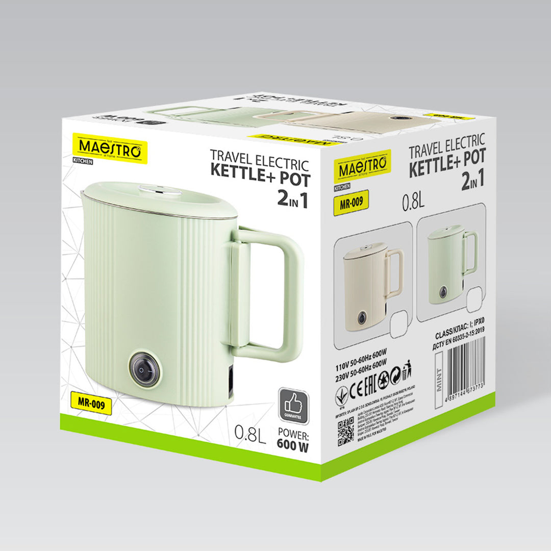 Hervidor eléctrico / olla de viaje Maestro, 2 en 1, capacidad de 0,8 l, potencia de 600 W, asa plegable, selector de voltaje 110 V/230 V, color beige, MR-009-BEIGE