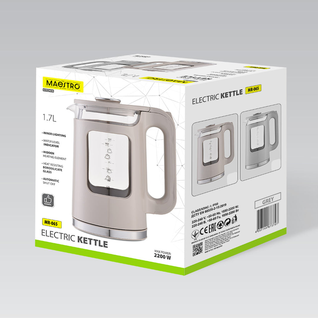 Hervidor eléctrico de cristal Maestro, capacidad de 1,7 l, potencia de 2200 W, indicador de nivel de agua, iluminación LED, base giratoria, color beige, MR-065-BEIGE