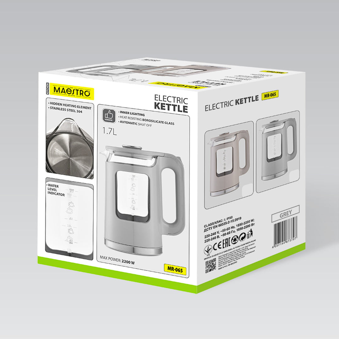 Hervidor eléctrico de cristal Maestro, capacidad de 1,7 l, potencia de 2200 W, indicador de nivel de agua, iluminación LED, base giratoria, color beige, MR-065-BEIGE