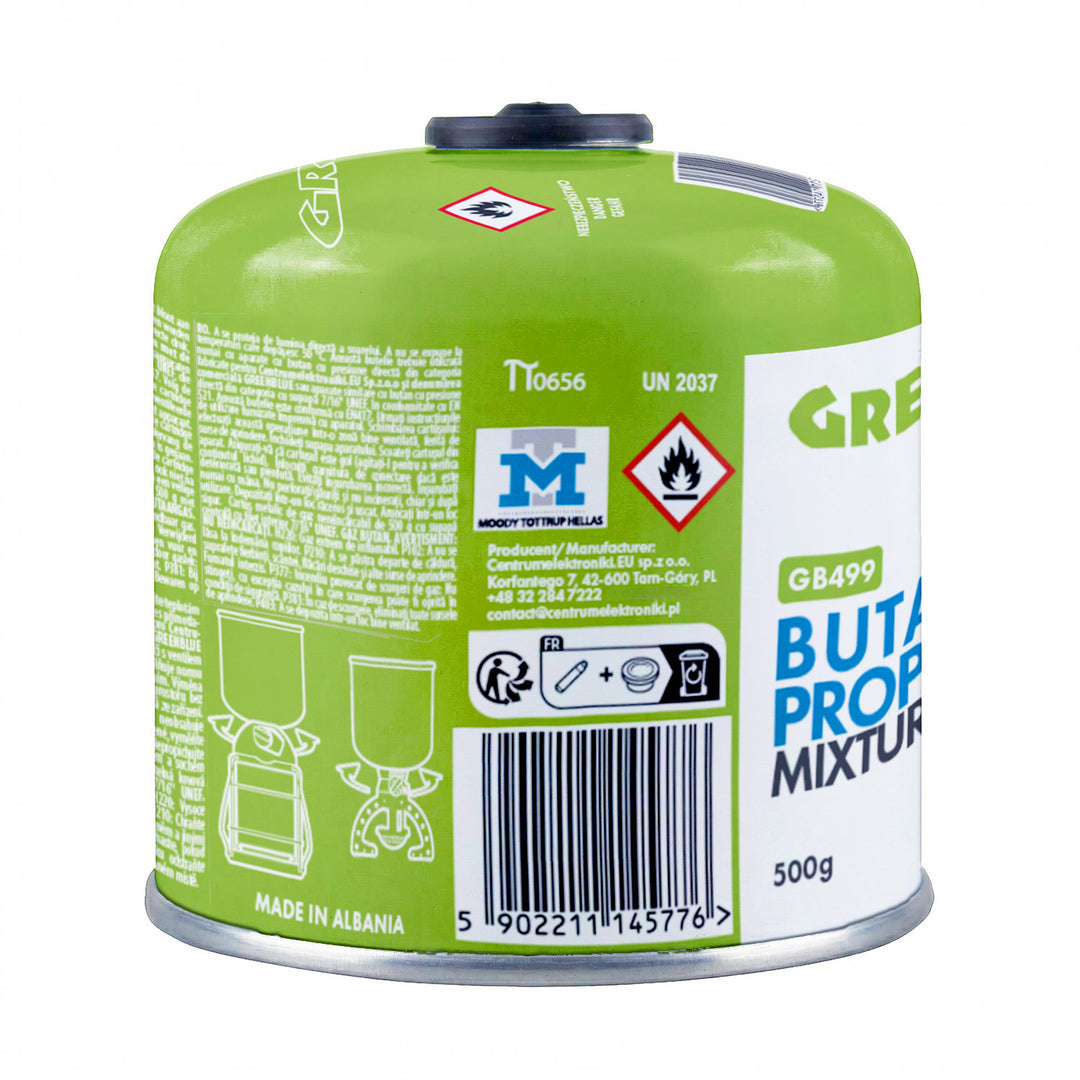 Cartucho de gas GreenBlue de 500 g, 24 unidades. Certificado: Pi 0437, conforme a la norma EN 417, butano-propano, rango de temperatura de -10 °C a +40 °C, válvula roscada de 7/16'' GB499