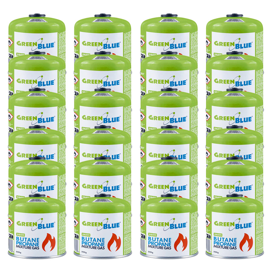 Cartucho de gas GreenBlue de 500 g, 24 unidades. Certificado: Pi 0437, conforme a la norma EN 417, butano-propano, rango de temperatura de -10 °C a +40 °C, válvula roscada de 7/16'' GB499
