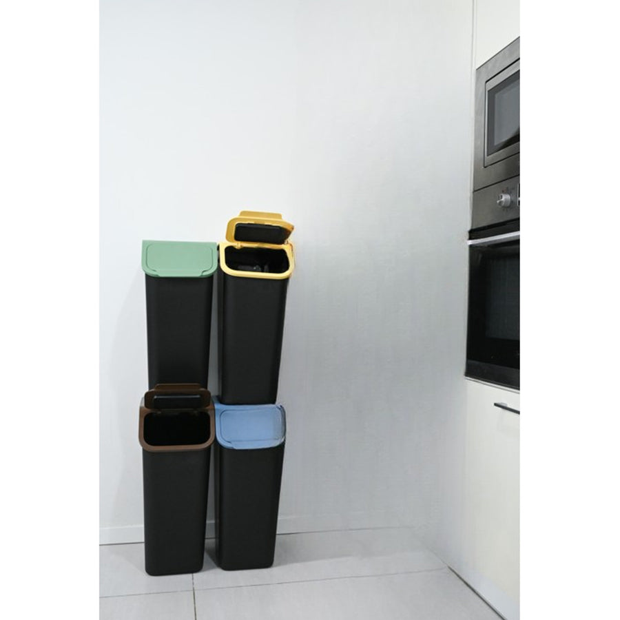 Juego de 4 contenedores negros para la clasificación de residuos BINI, 4 x 35 l, con tapas azul/verde/amarilla/marrón + 5 filtros de carbón