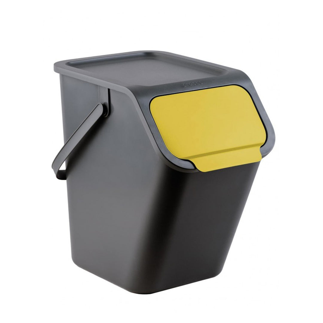 Juego de 3 contenedores negros para la clasificación de residuos BINI de 25 l con tapa negra y tapa abatible de colores (azul/verde/amarillo) + 5 filtros de carbón
