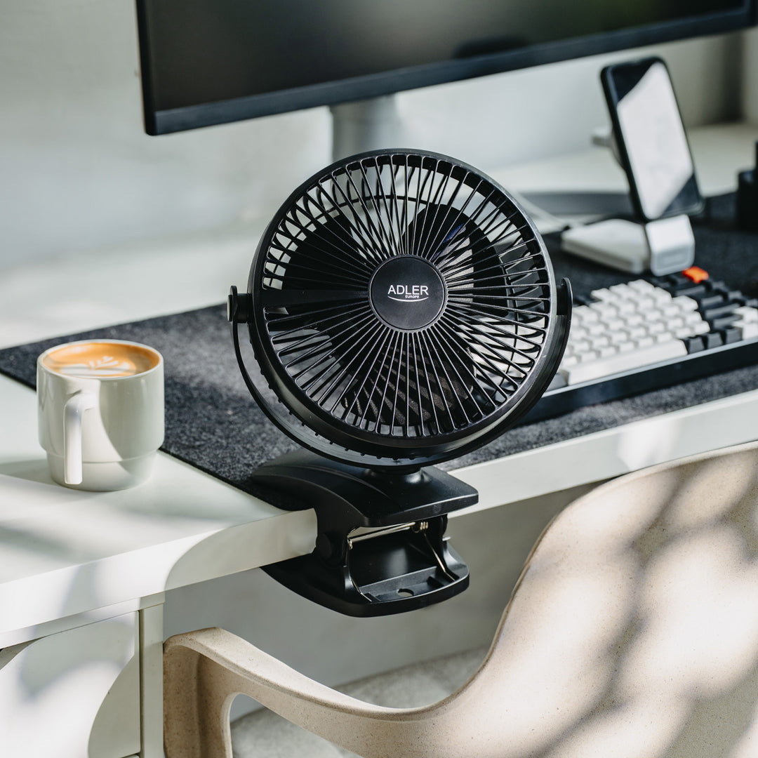 Ventilador de mesa con clip, recargable, 15,5 cm, giro de 360°, USB-C, Adler